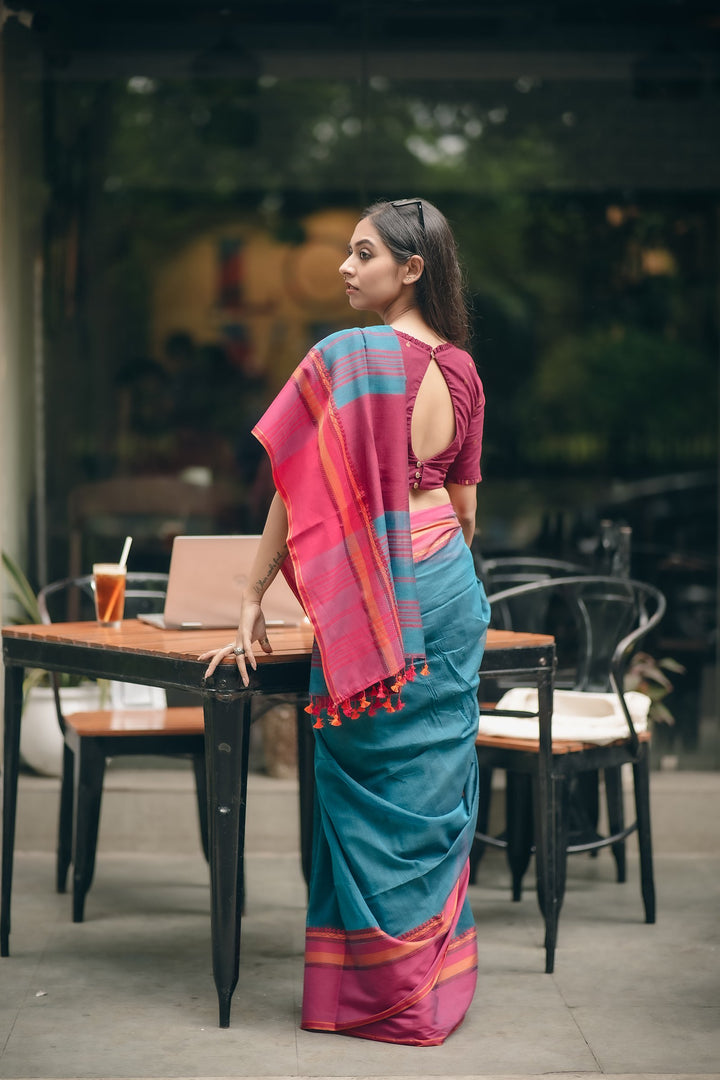 Mayuri Tangail Handloom Cotton Saree - Peacock Blue Elegance