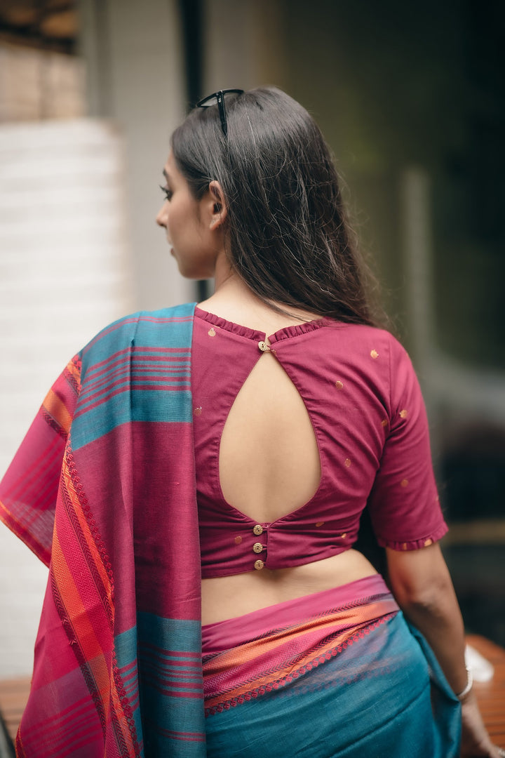 Maroon Golden Buti Jamdani Festive Blouse – Frilled V-Neck with Vintage Loop Back