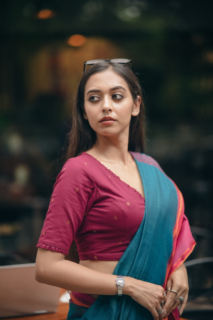 Maroon Golden Buti Jamdani Festive Blouse – Frilled V-Neck with Vintage Loop Back
