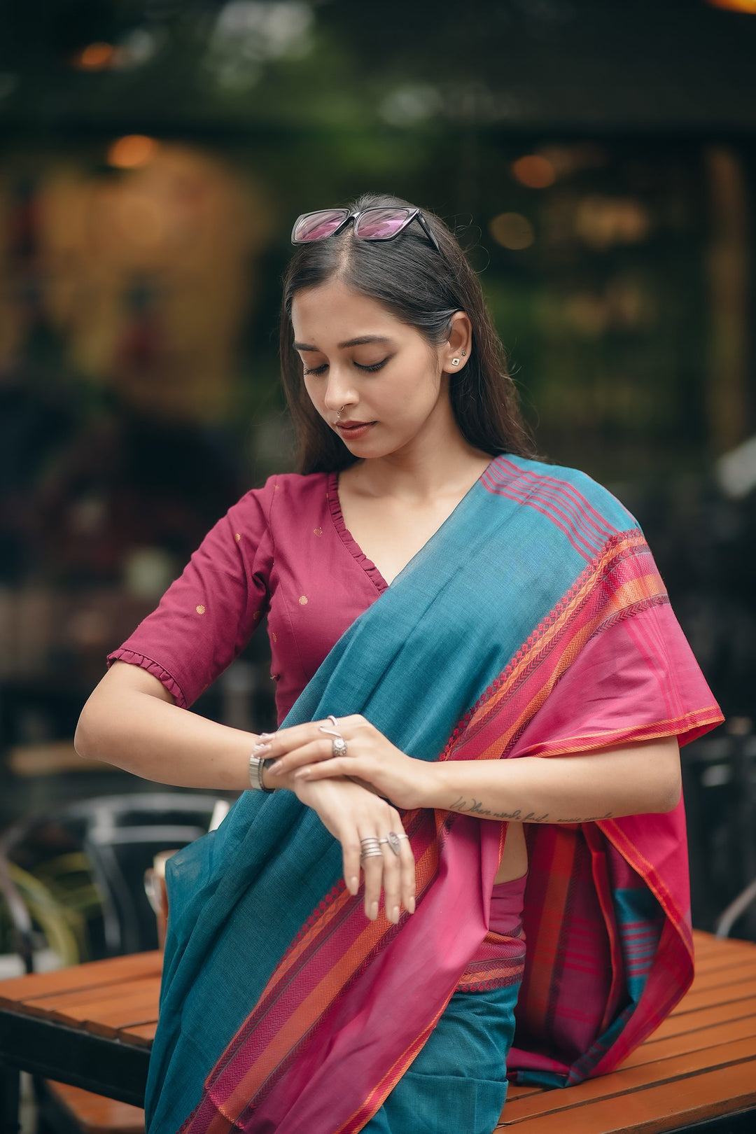 Maroon Golden Buti Jamdani Festive Blouse – Frilled V-Neck with Vintage Loop Back