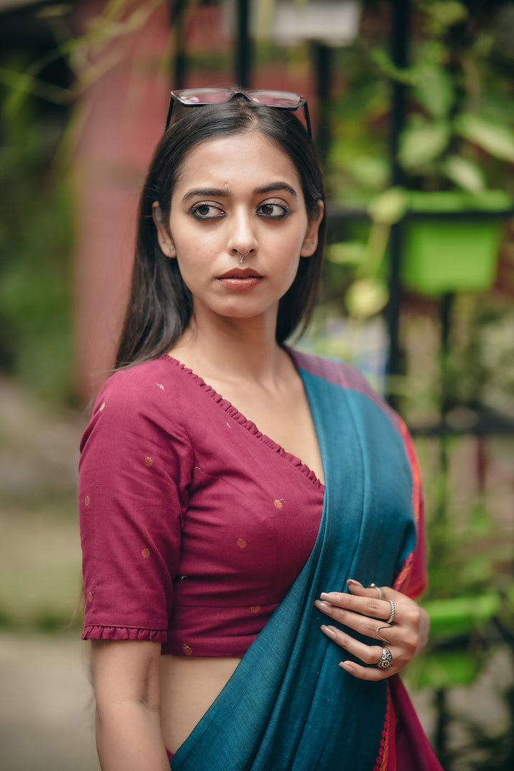 Maroon Golden Buti Jamdani Festive Blouse – Frilled V-Neck with Vintage Loop Back