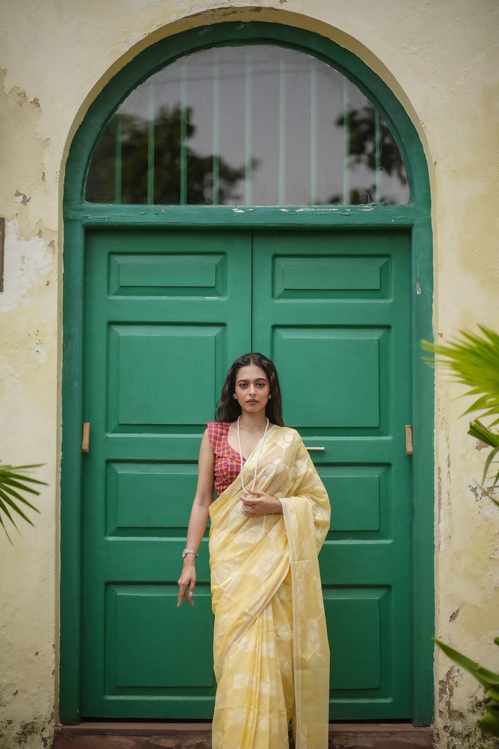Flury’s Pineapple - Pastel Yellow Handloom Jamdani Saree