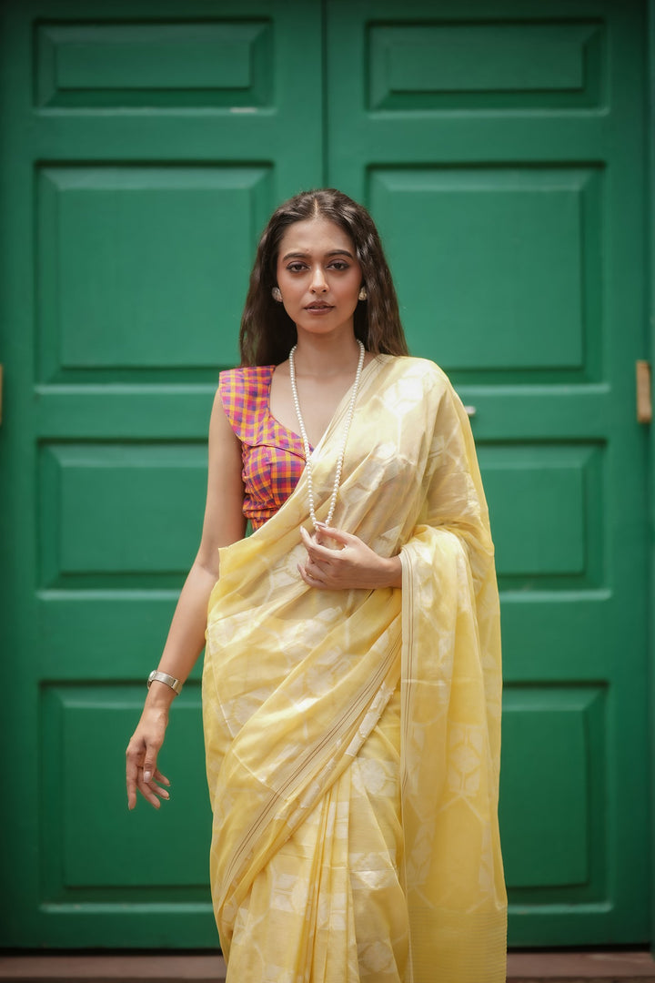 Flury’s Pineapple – Pastel Yellow Handloom Jamdani Saree