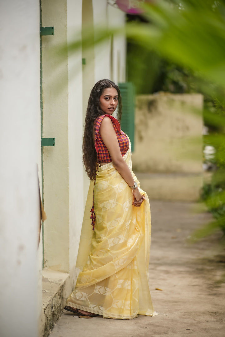 Flury’s Pineapple - Pastel Yellow Handloom Jamdani Saree