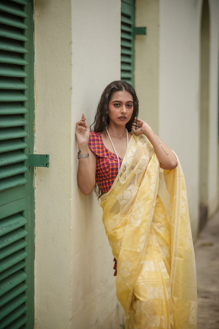 Flury’s Pineapple - Pastel Yellow Handloom Jamdani Saree