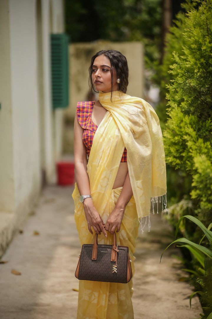 Flury’s Pineapple - Pastel Yellow Handloom Jamdani Saree