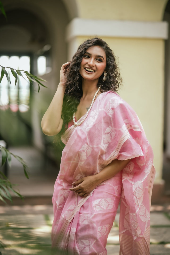 Flury’s Strawberry - Pastel Pink Handloom Jamdani Saree
