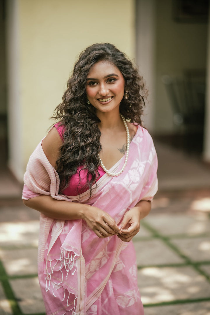 Flury’s Strawberry - Pastel Pink Handloom Jamdani Saree
