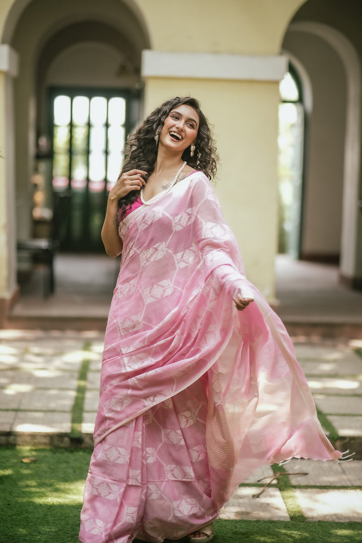 Flury’s Strawberry - Pastel Pink Handloom Jamdani Saree
