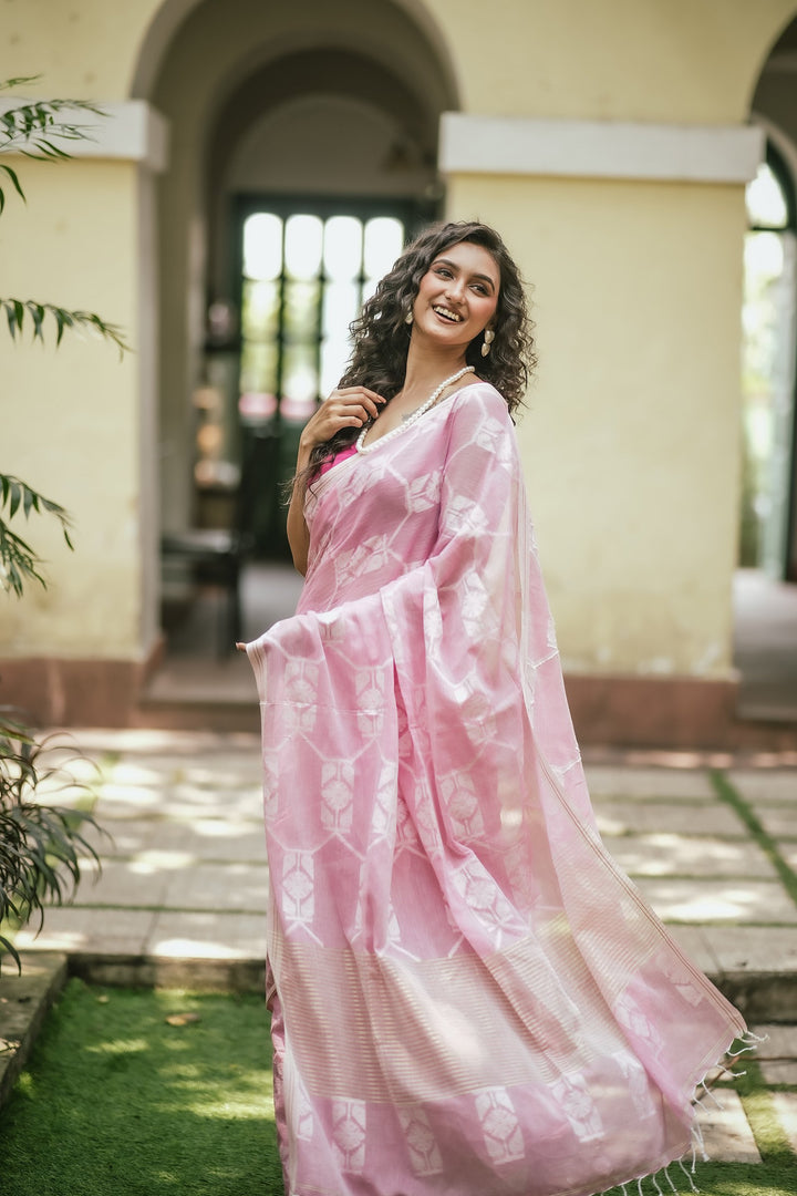 Flury’s Strawberry - Pastel Pink Handloom Jamdani Saree