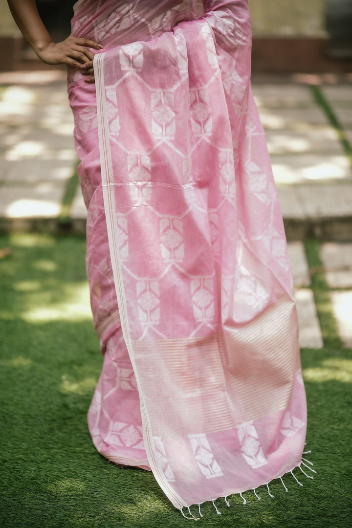 Flury’s Strawberry - Pastel Pink Handloom Jamdani Saree
