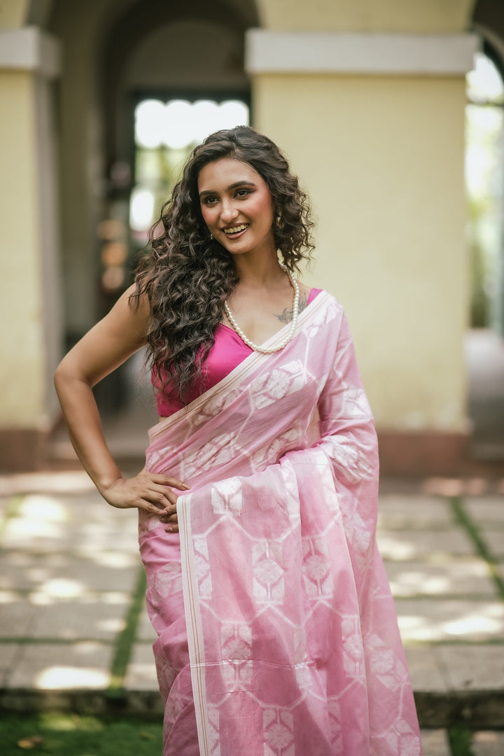 Flury’s Strawberry - Pastel Pink Handloom Jamdani Saree