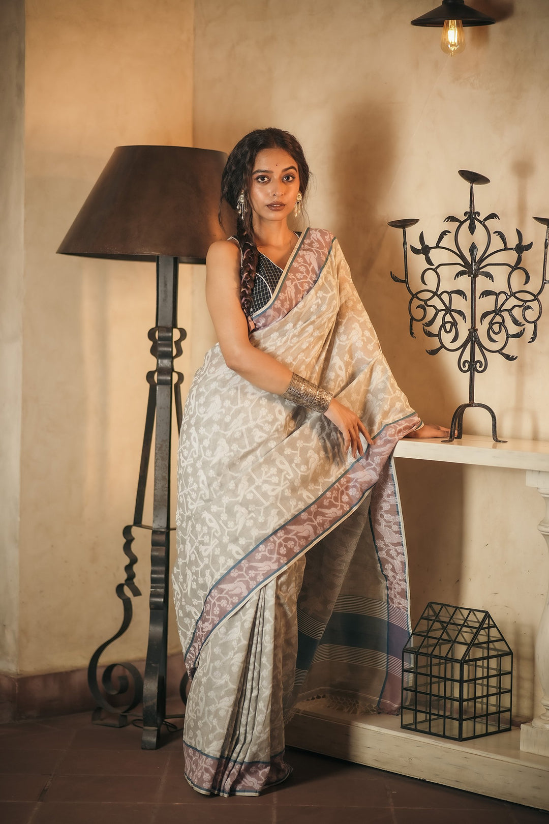 Dove Tales: Grey Handloom Jamdani Saree