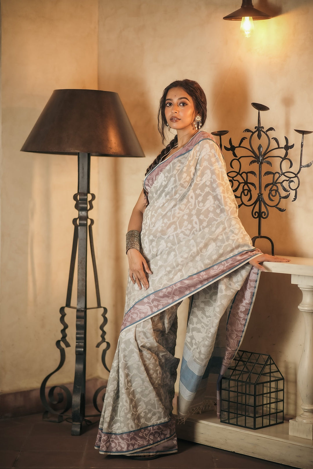 Dove Tales: Grey Handloom Jamdani Saree