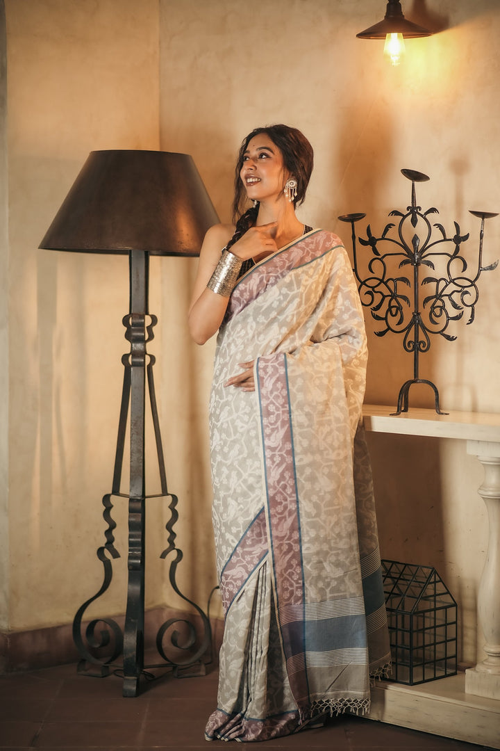 Dove Tales: Grey Handloom Jamdani Saree
