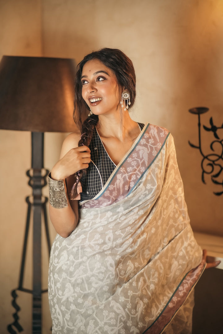 Dove Tales: Grey Handloom Jamdani Saree