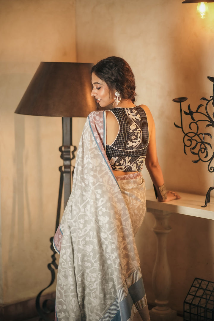 Dove Tales: Grey Handloom Jamdani Saree
