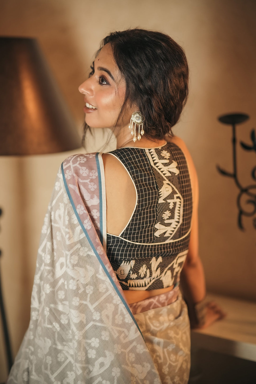 Charcoal Grid – Jamdani Racerback Blouse