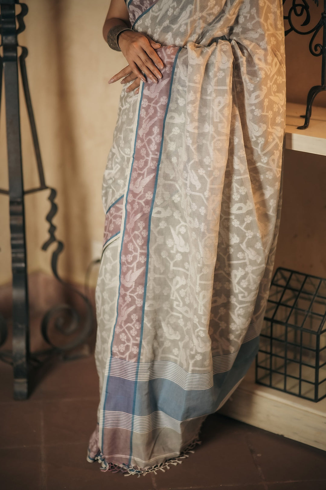 Dove Tales: Grey Handloom Jamdani Saree