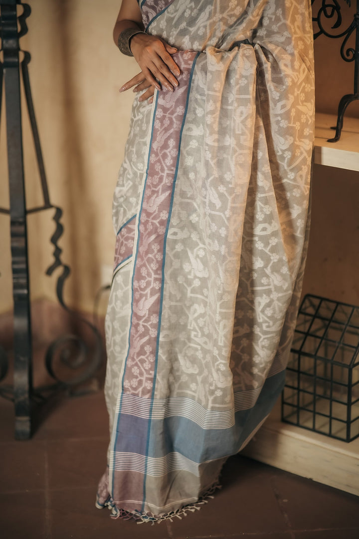 Dove Tales: Grey Handloom Jamdani Saree