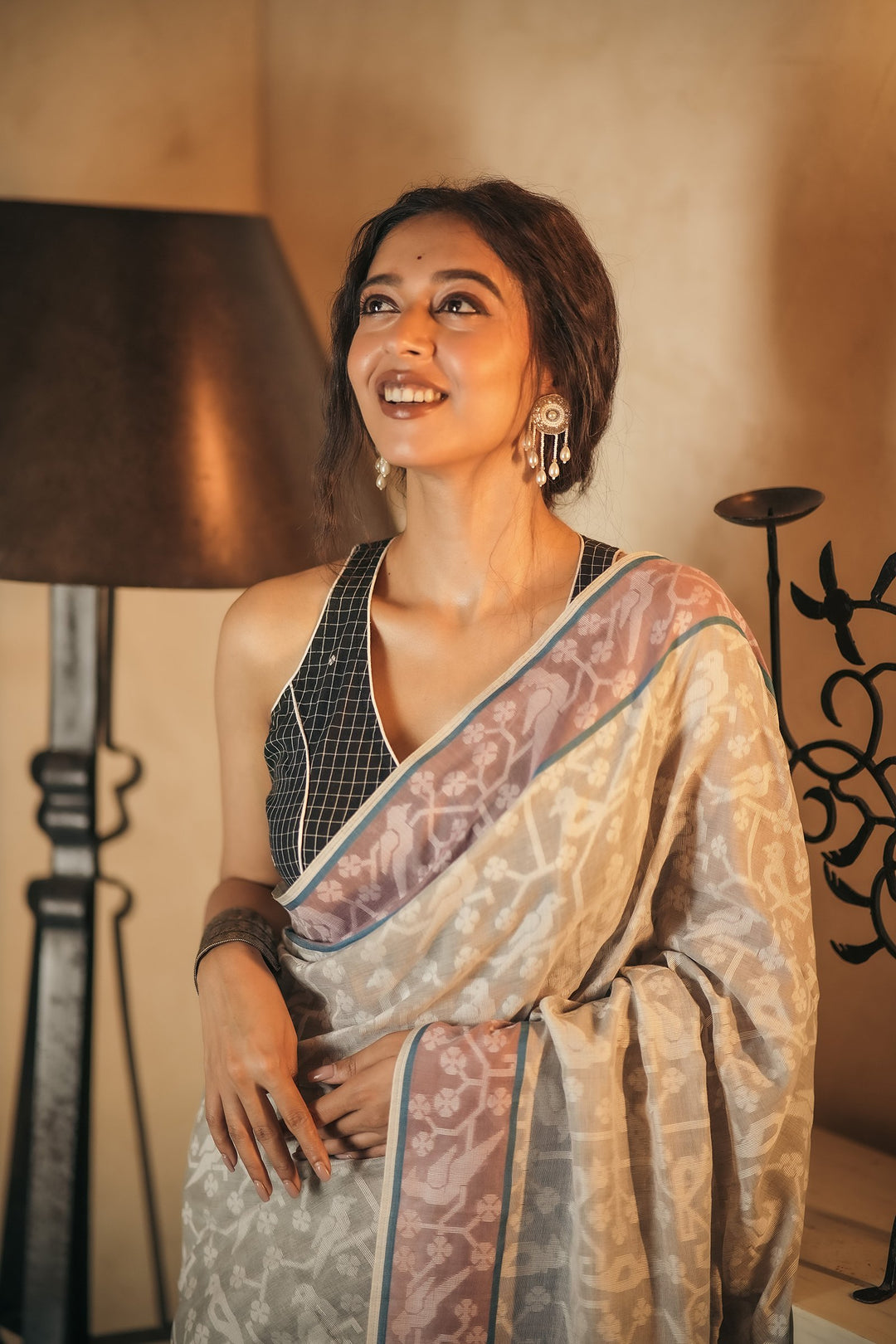 Dove Tales: Grey Handloom Jamdani Saree