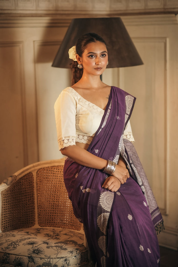 Handwoven Purple Amrapali Chalchitra Jamdani Saree