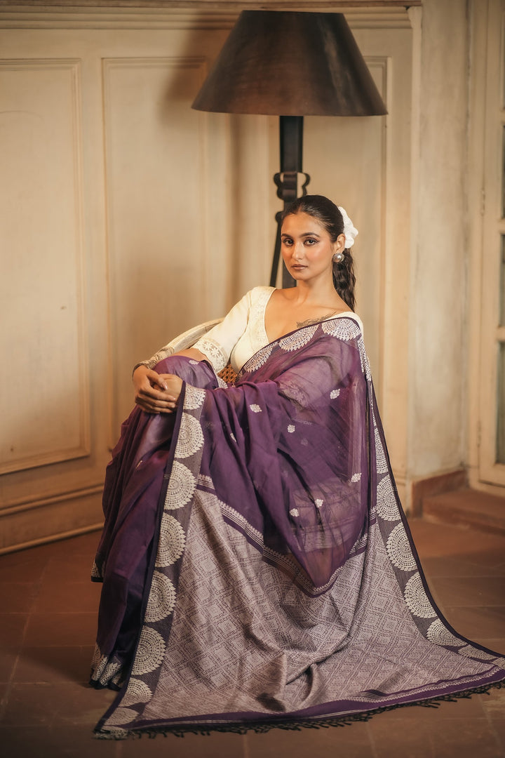 Handwoven Purple Amrapali Chalchitra Jamdani Saree