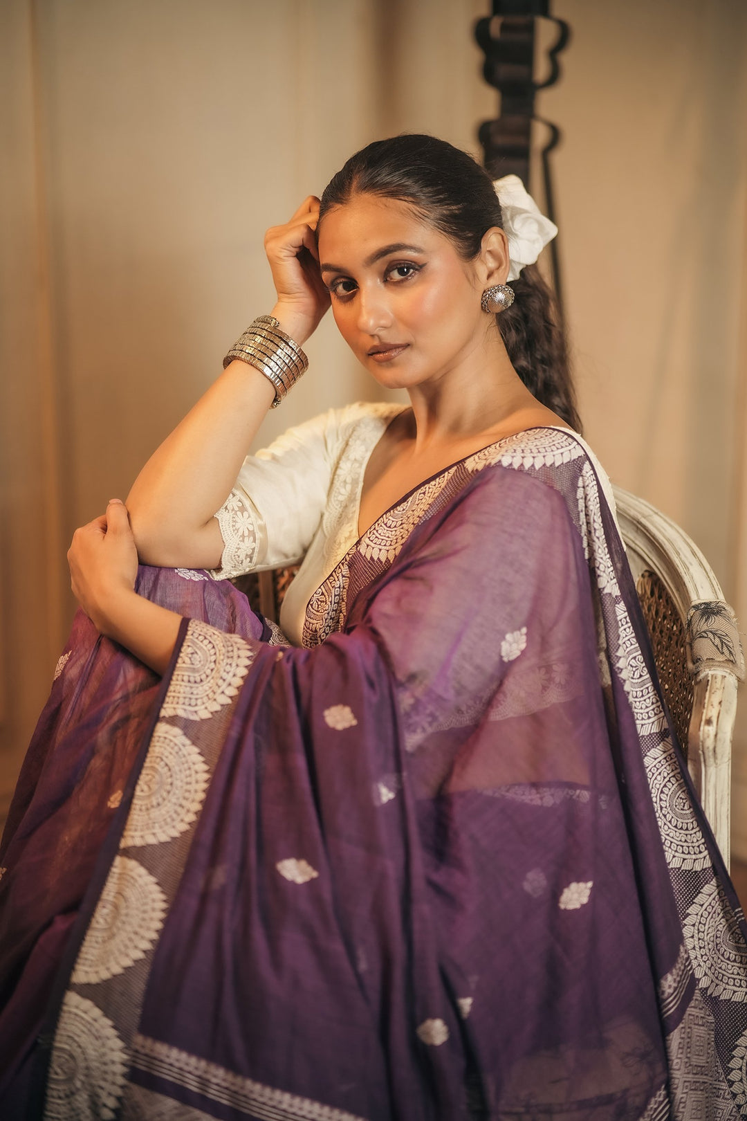 Handwoven Purple Amrapali Chalchitra Jamdani Saree