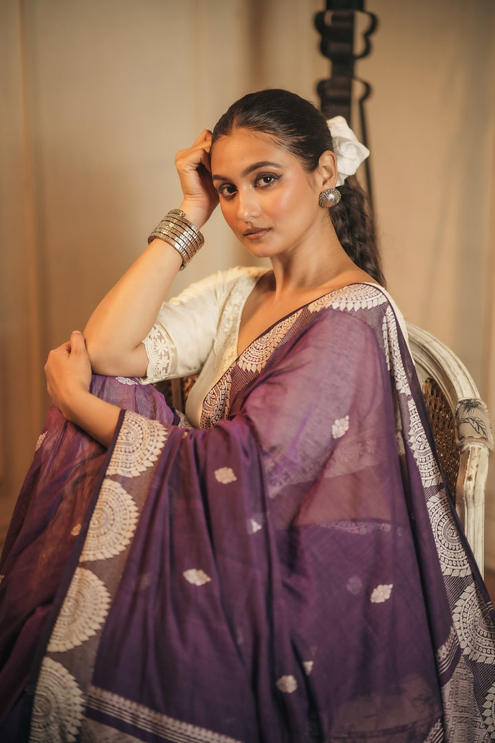 Handwoven Purple Amrapali Chalchitra Jamdani Saree