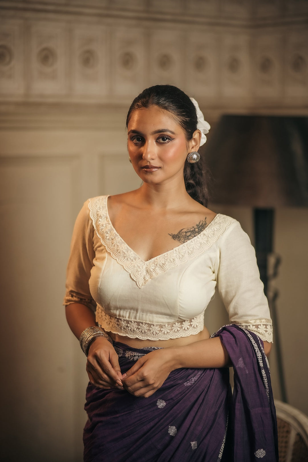 Antique Pearl – Floral Lace Jamdani Blouse