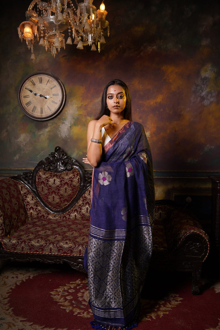 Guldasta – Royal Blue Floral Moon Linen Jamdani