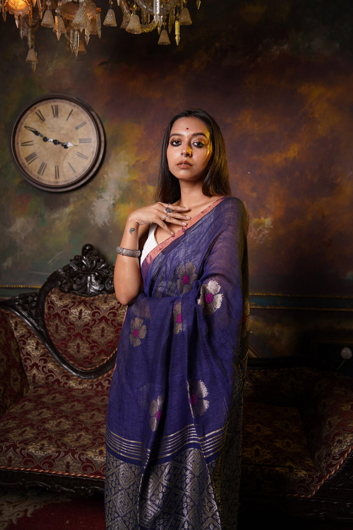 Guldasta – Royal Blue Floral Moon Linen Jamdani Saree