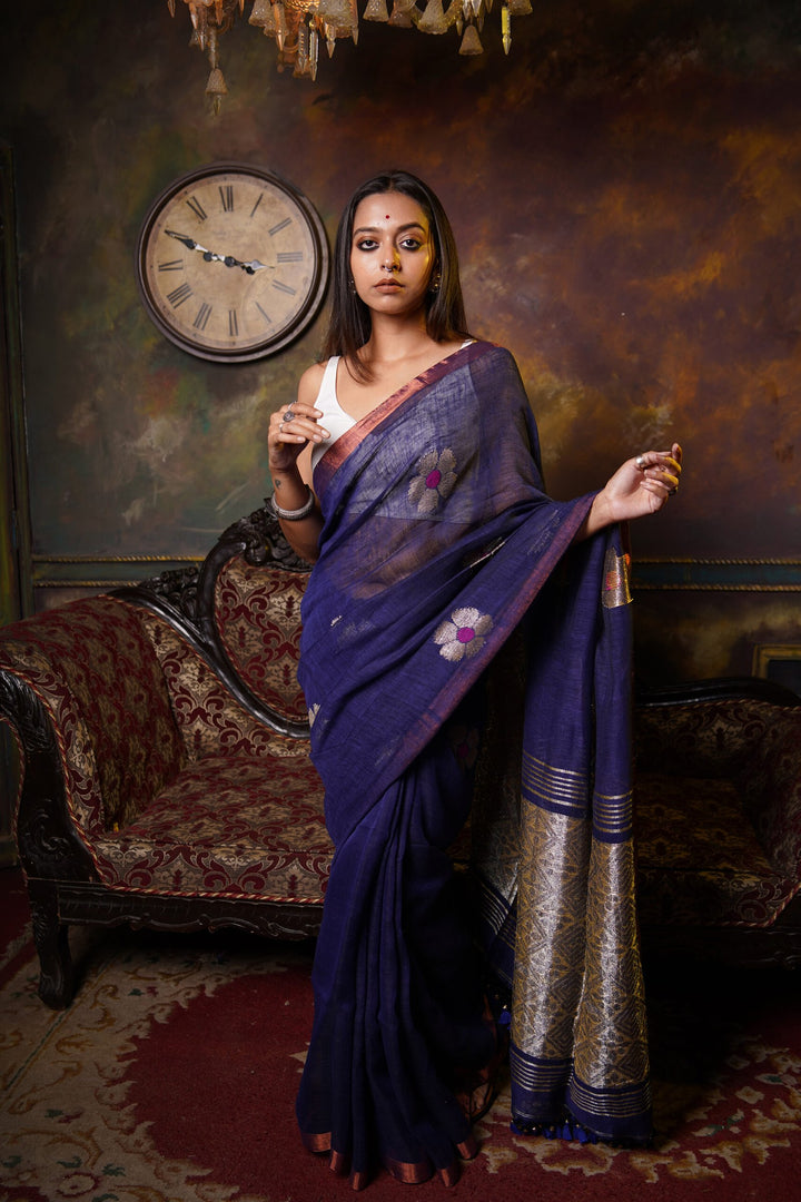 Guldasta – Royal Blue Floral Moon Linen Jamdani Saree