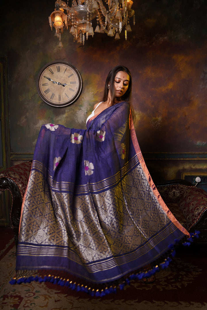 Guldasta – Royal Blue Floral Moon Linen Jamdani Saree