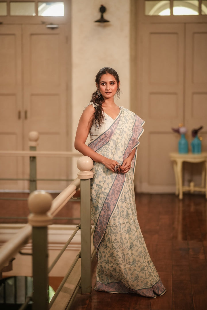 Feathered Fables: Azure Sky Handloom Jamdani Saree