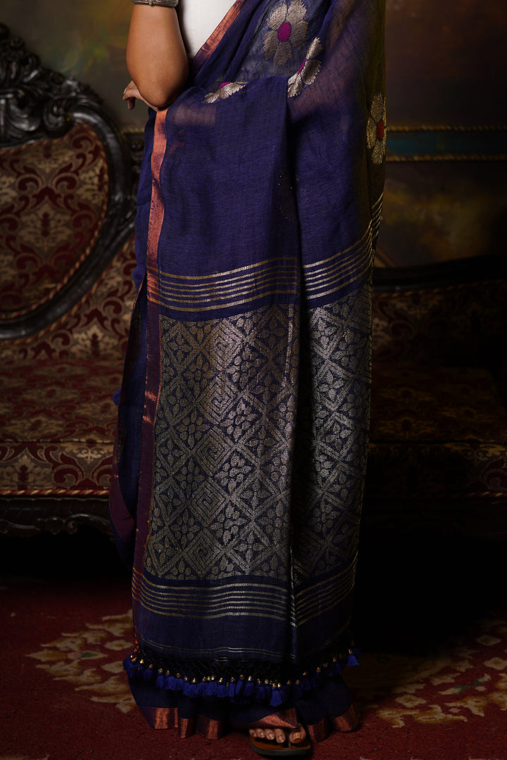 Guldasta – Royal Blue Floral Moon Linen Jamdani Saree