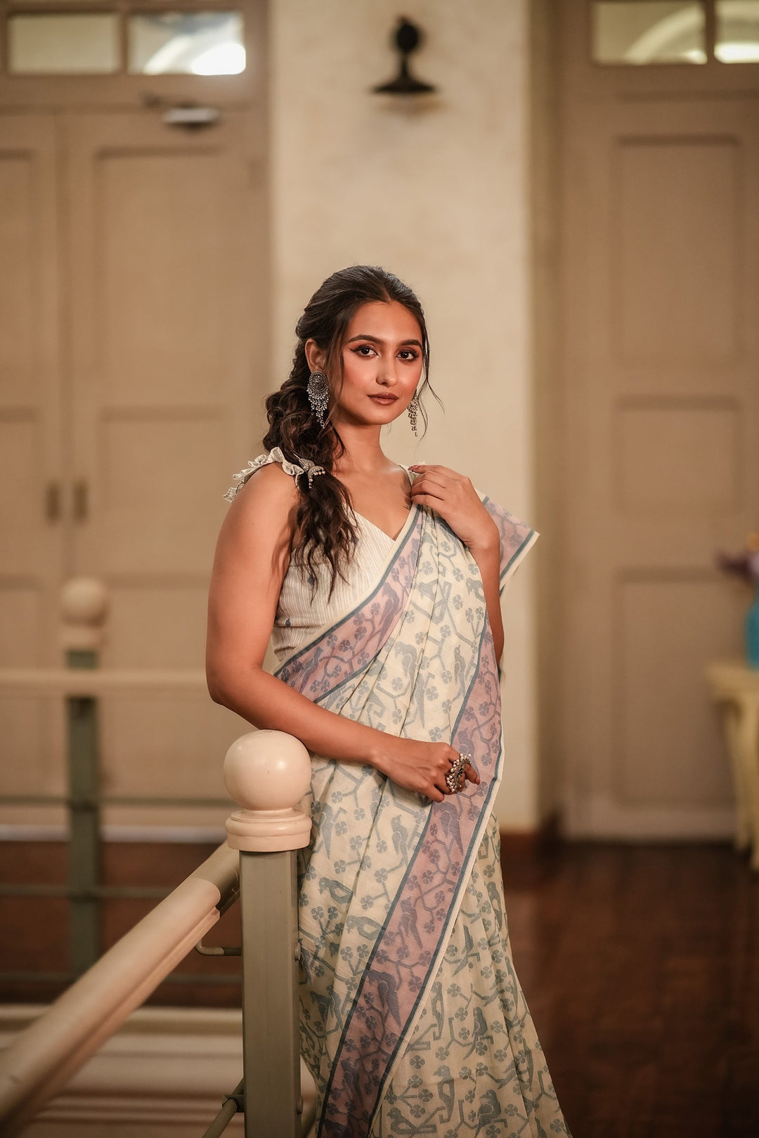 Feathered Fables: Azure Sky Handloom Jamdani Saree