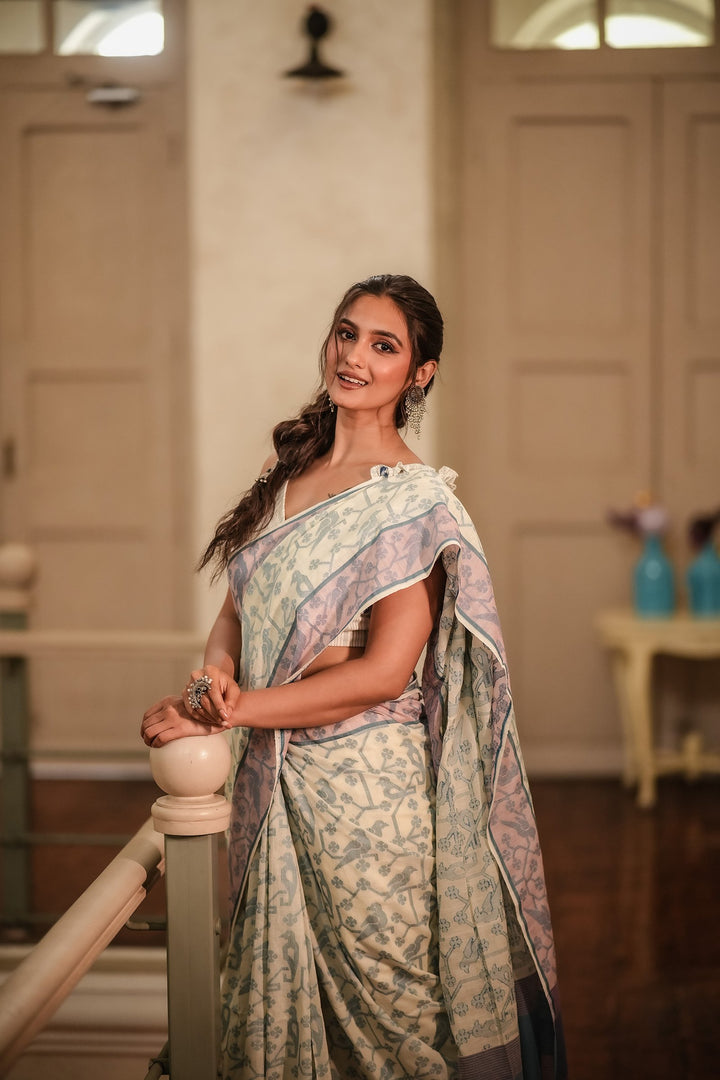 Feathered Fables: Azure Sky Handloom Jamdani Saree