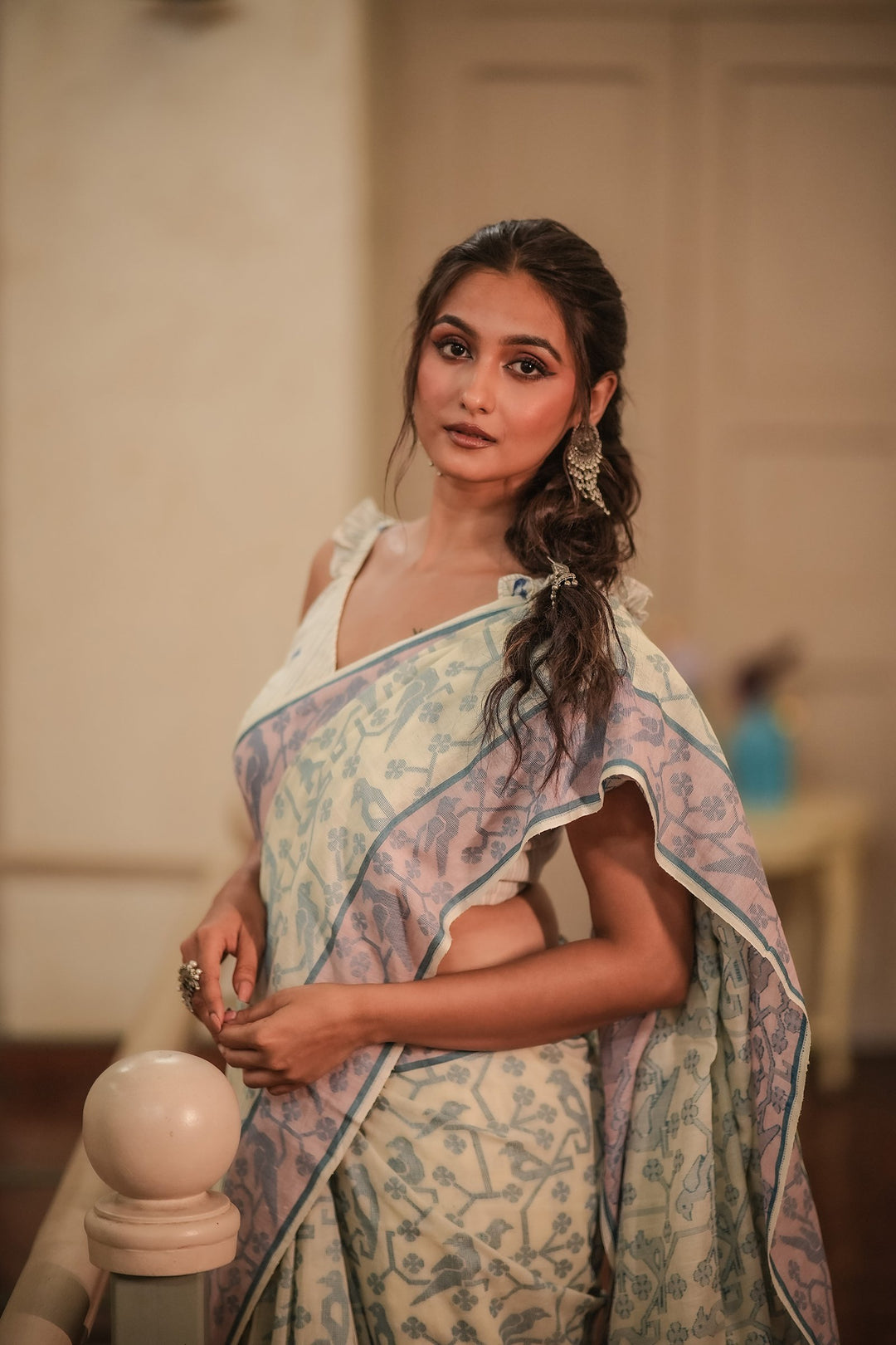 Feathered Fables: Azure Sky Handloom Jamdani Saree