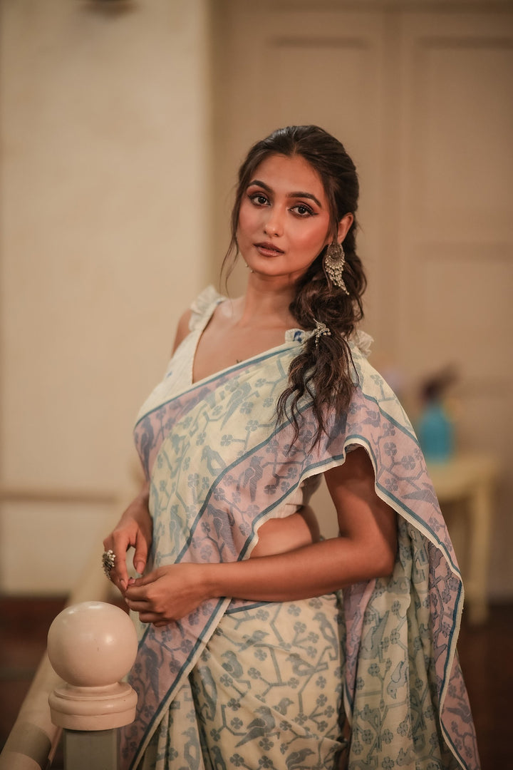 Feathered Fables: Azure Sky Handloom Jamdani Saree
