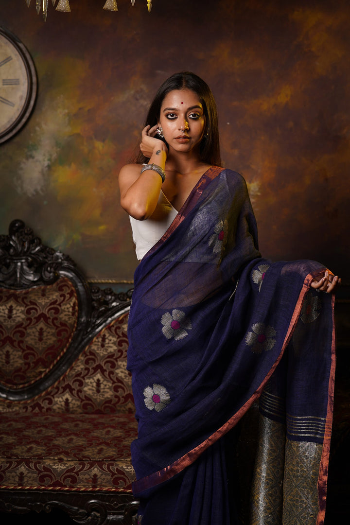 Guldasta – Royal Blue Floral Moon Linen Jamdani Saree