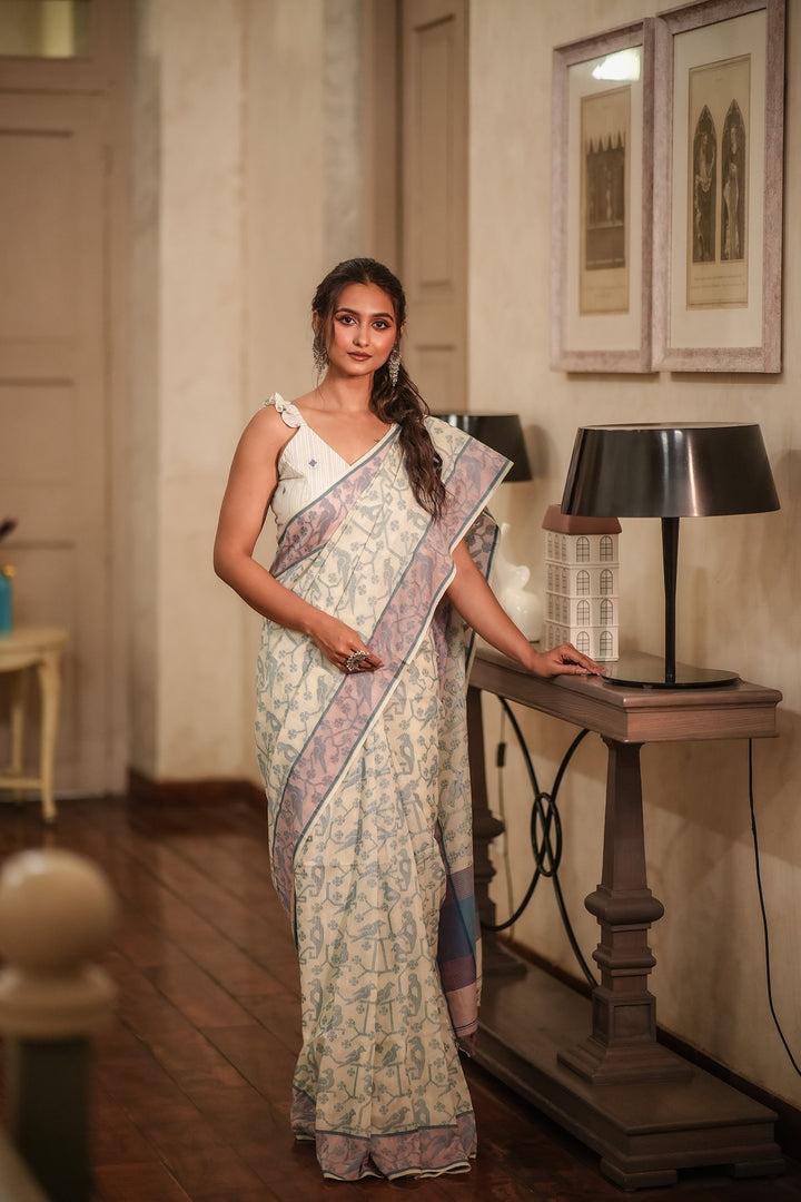 Feathered Fables: Azure Sky Handloom Jamdani Saree
