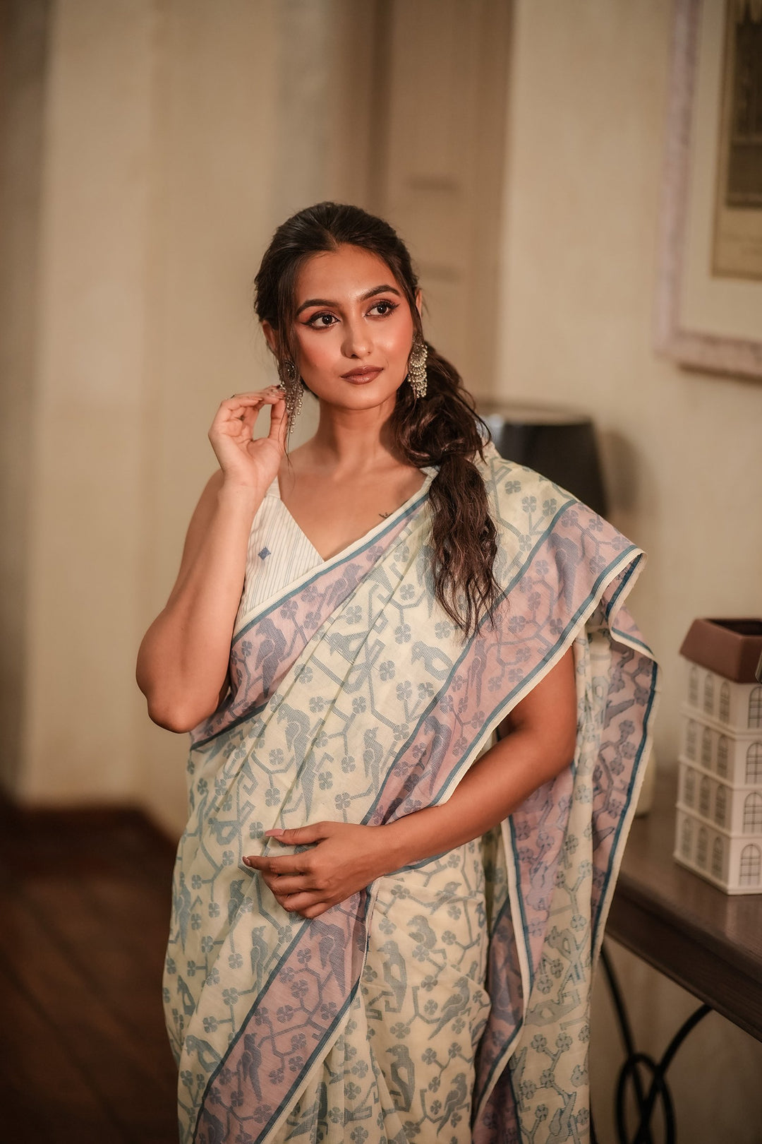 Feathered Fables: Azure Sky Handloom Jamdani Saree
