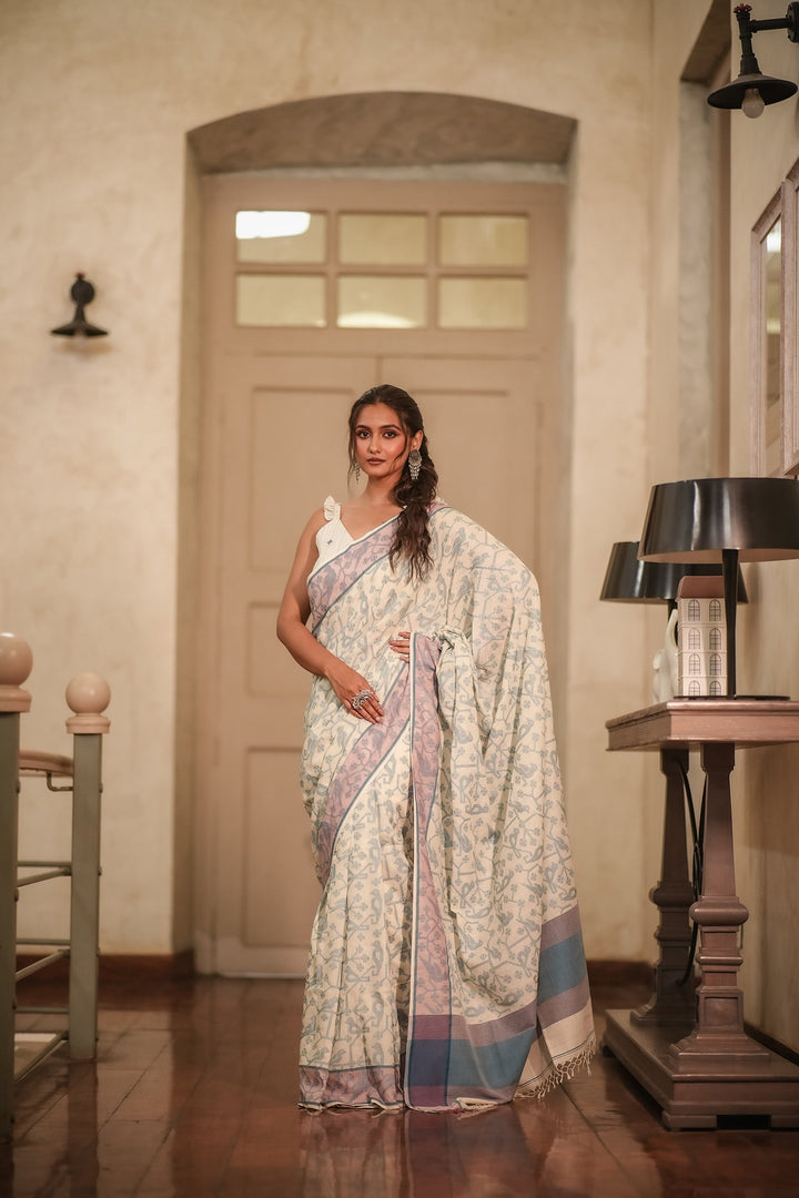 Feathered Fables: Azure Sky Handloom Jamdani Saree