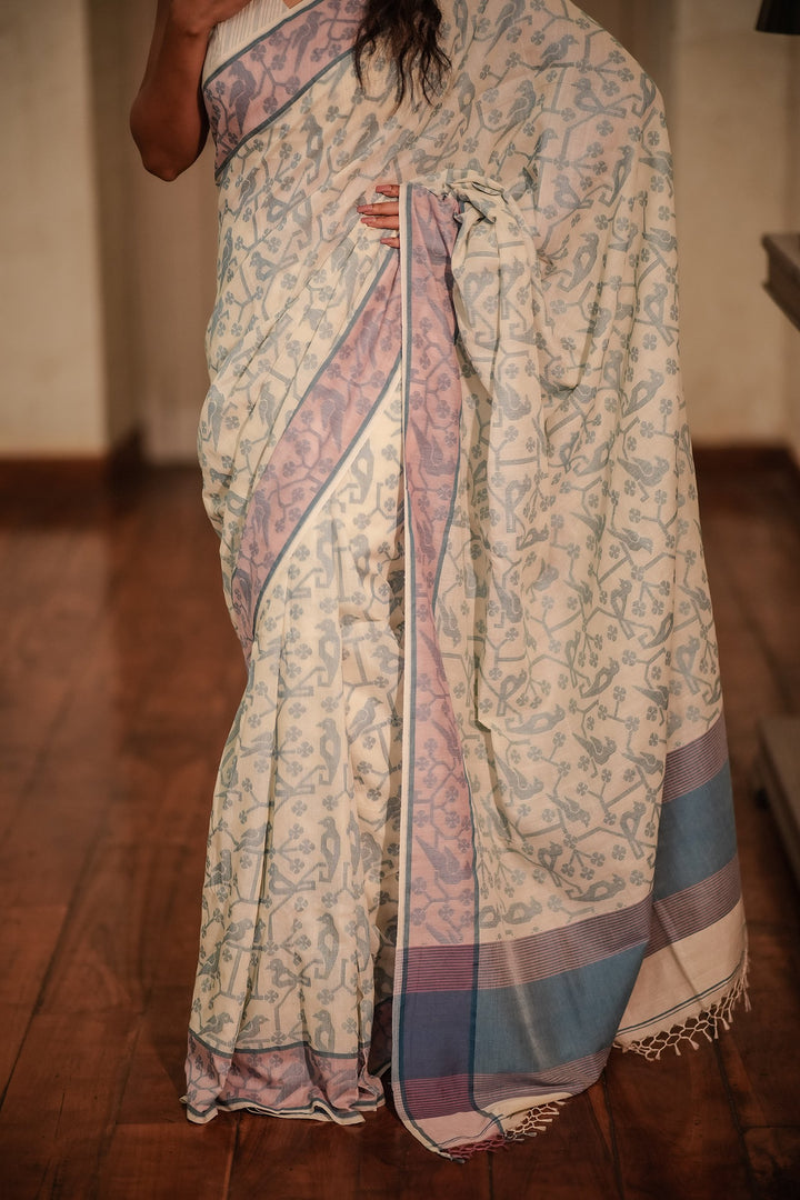 Feathered Fables: Azure Sky Handloom Jamdani Saree