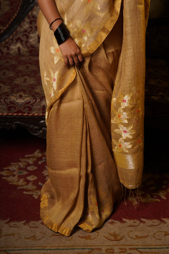 Guldasta - Golden Flower Linen Jamdani Saree