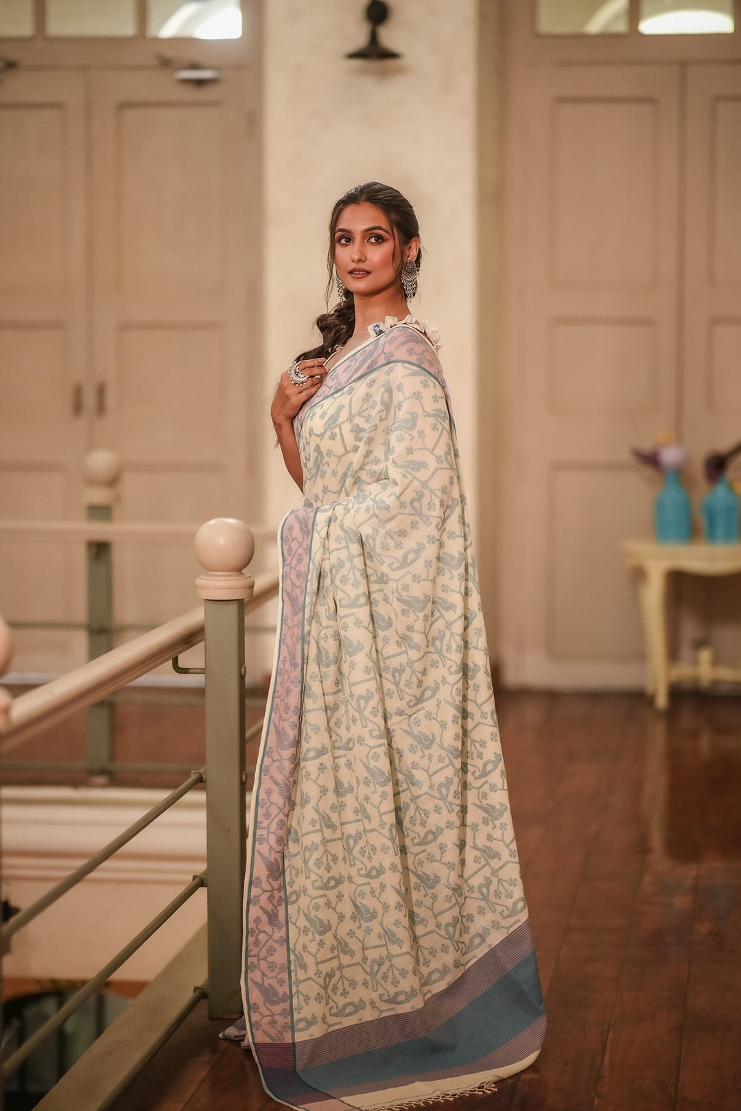 Feathered Fables: Azure Sky Handloom Jamdani Saree