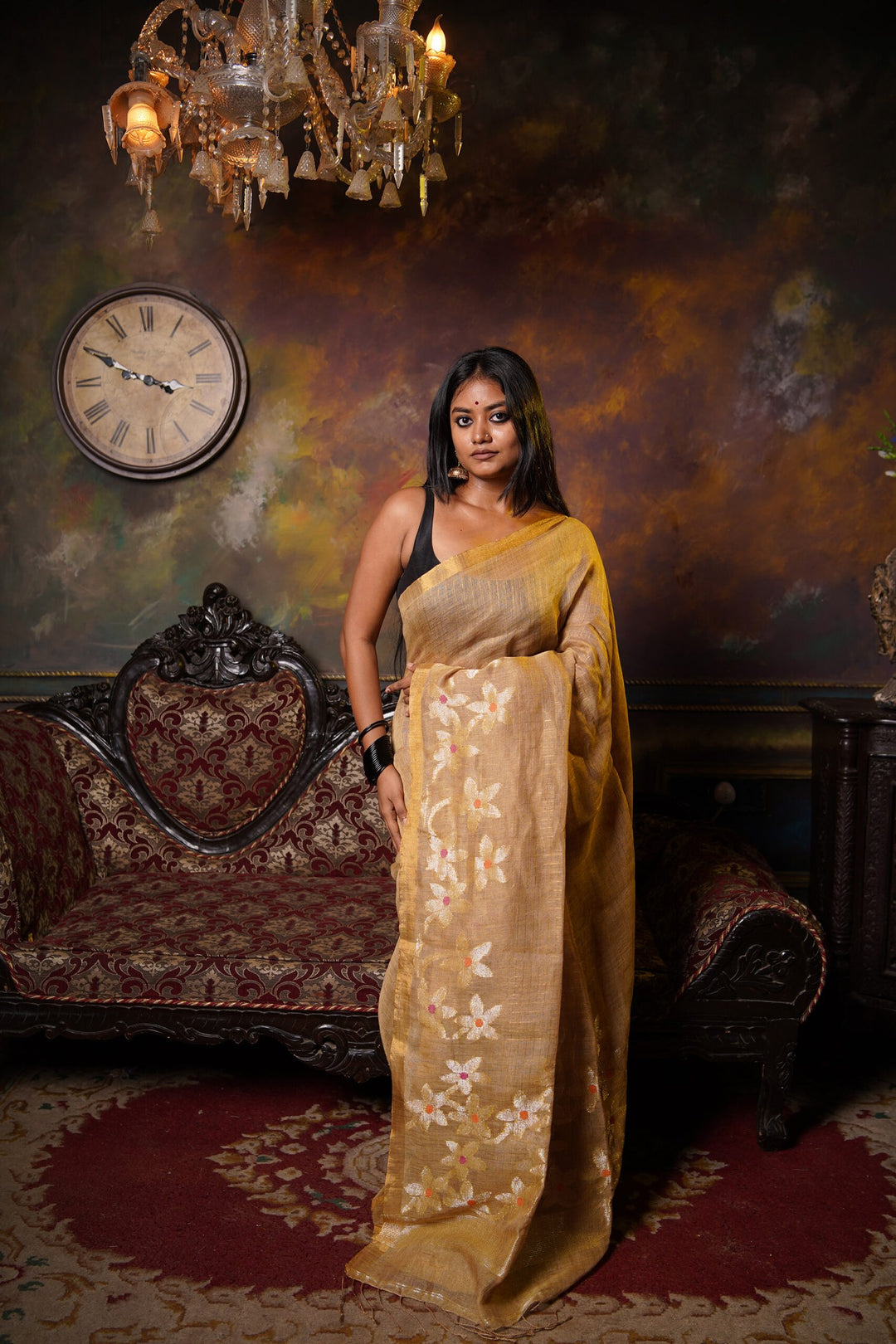 Guldasta - Golden Flower Linen Jamdani Saree