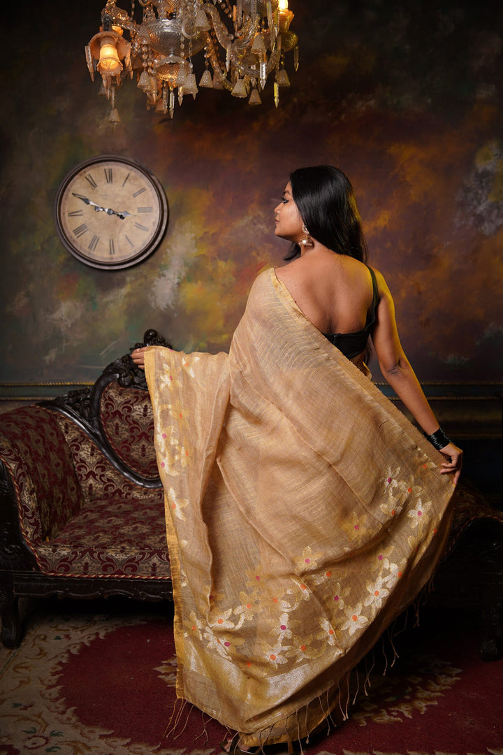 Guldasta - Golden Flower Linen Jamdani Saree