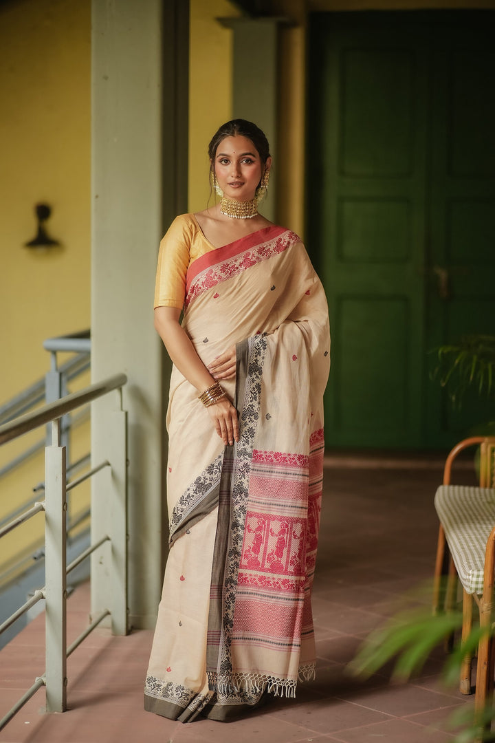 Tant Katha: Lal Kalo Ganga Jamuna Handwoven Cotton Baluchari Saree